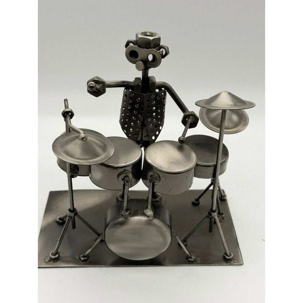 Nuts & Bolts Band Drummer and Guitar  Desk Pen Holders Metal Musicians Sculpture
